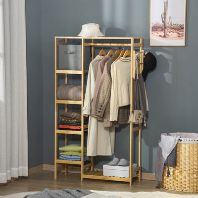Bamboo Clothes Rack w/ Shelf, Rail & Hooks, Natural Homcom