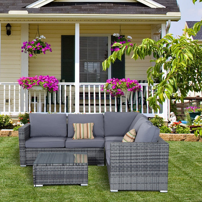 Grey Rattan Corner Sofa Set with Glass Table