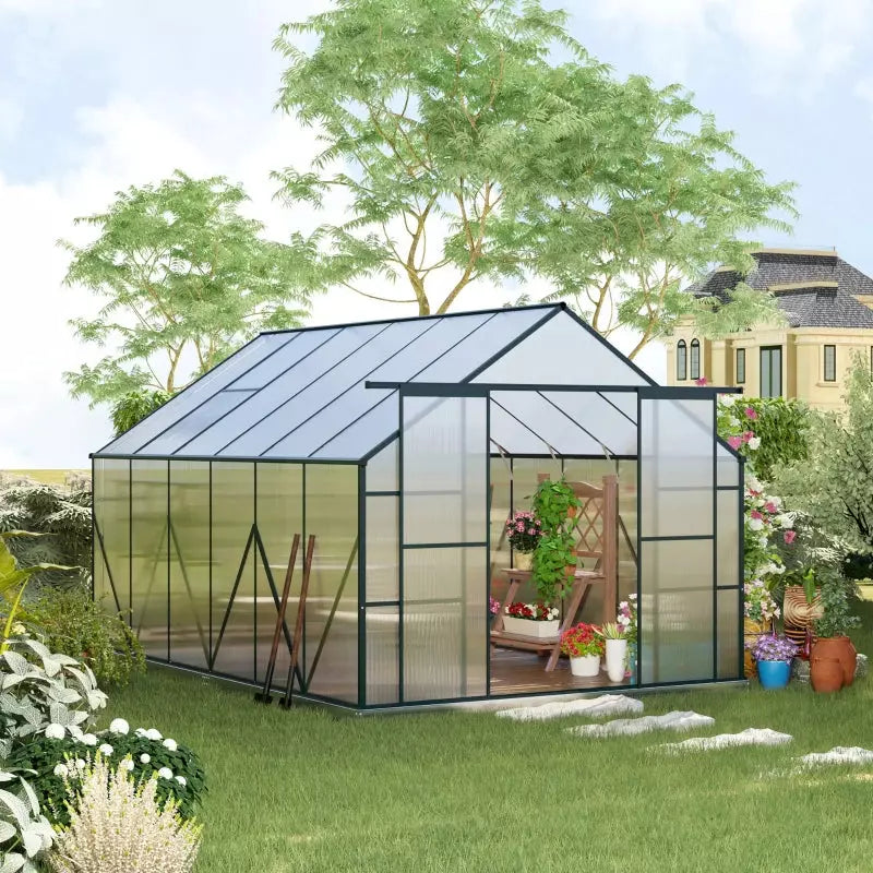 8x12ft Walk-in Polycarbonate Greenhouse Kit, Aluminium Frame