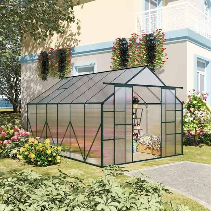 8x12ft Walk-in Polycarbonate Greenhouse Kit, Aluminium Frame