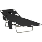 Outsunny Foldable Sun Lounger, Beach Chaise Lounge with Reading Hole, Arm Slots, 5-Position Adjustable Backrest, Side Pocket, Pillow for Patio Black Outsunny