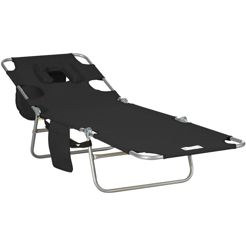 Outsunny Foldable Sun Lounger, Beach Chaise Lounge with Reading Hole, Arm Slots, 5-Position Adjustable Backrest, Side Pocket, Pillow for Patio Black Outsunny
