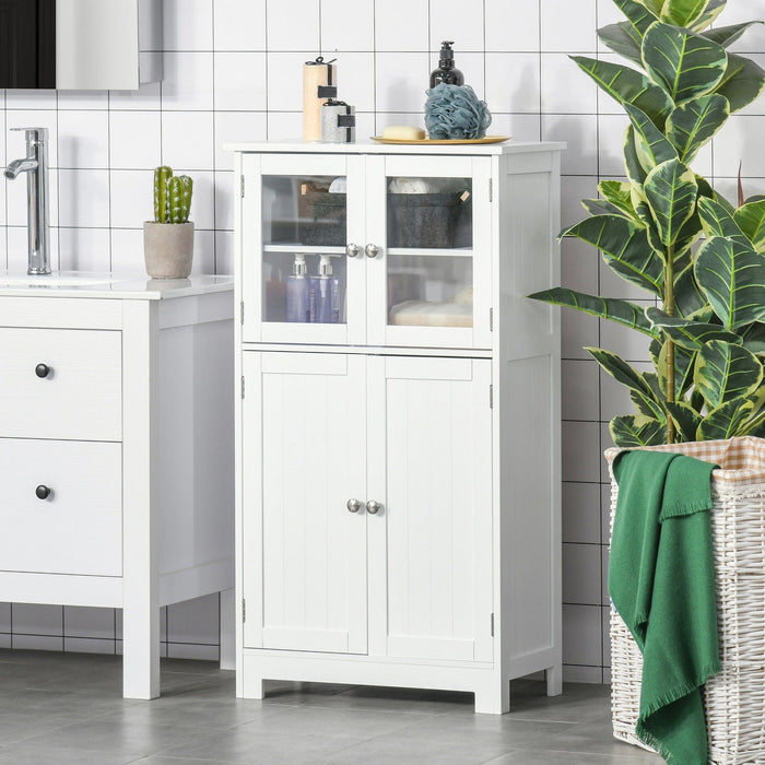 White Bathroom Floor Cabinet with Tempered Glass Doors