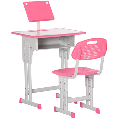 Kids Desk & Chair Set with Storage & Book Stand, Pink Homcom