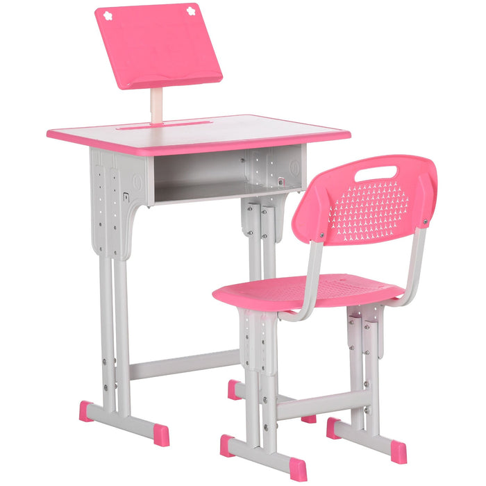 Kids Desk & Chair Set with Storage & Book Stand, Pink