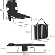Outsunny Foldable Sun Lounger, Beach Chaise Lounge with Reading Hole, Arm Slots, 5-Position Adjustable Backrest, Side Pocket, Pillow for Patio Black Outsunny