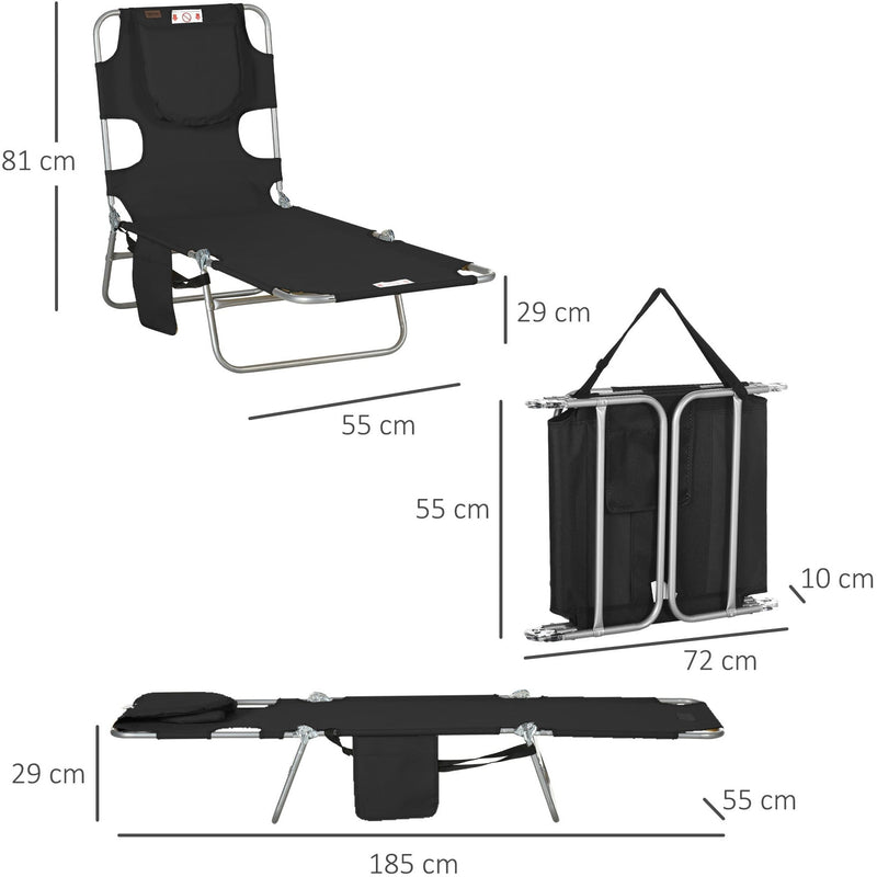 Outsunny Foldable Sun Lounger, Beach Chaise Lounge with Reading Hole, Arm Slots, 5-Position Adjustable Backrest, Side Pocket, Pillow for Patio Black Outsunny