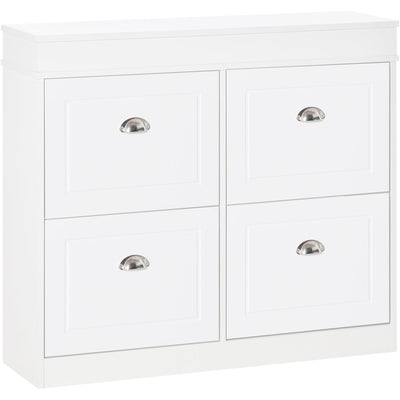 White Shoe Cabinet With Doors - Stores 32 Pairs - 4 Pull-Down Drawers - Adjustable Compartments - Space-Saving Design - Ideal for Hallways & Entrances Homcom