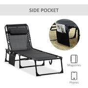 Outsunny Portable Sun Lounger, Folding Camping Bed Cot, Reclining Lounge Chair 5-position Adjustable Backrest w/Side Pocket for Patio Garden Black Outsunny