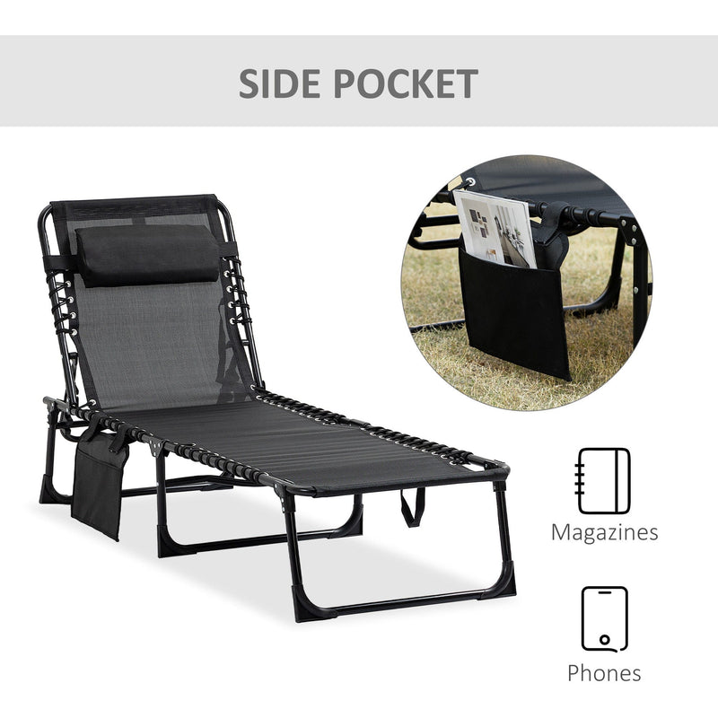 Outsunny Portable Sun Lounger, Folding Camping Bed Cot, Reclining Lounge Chair 5-position Adjustable Backrest w/Side Pocket for Patio Garden Black Outsunny