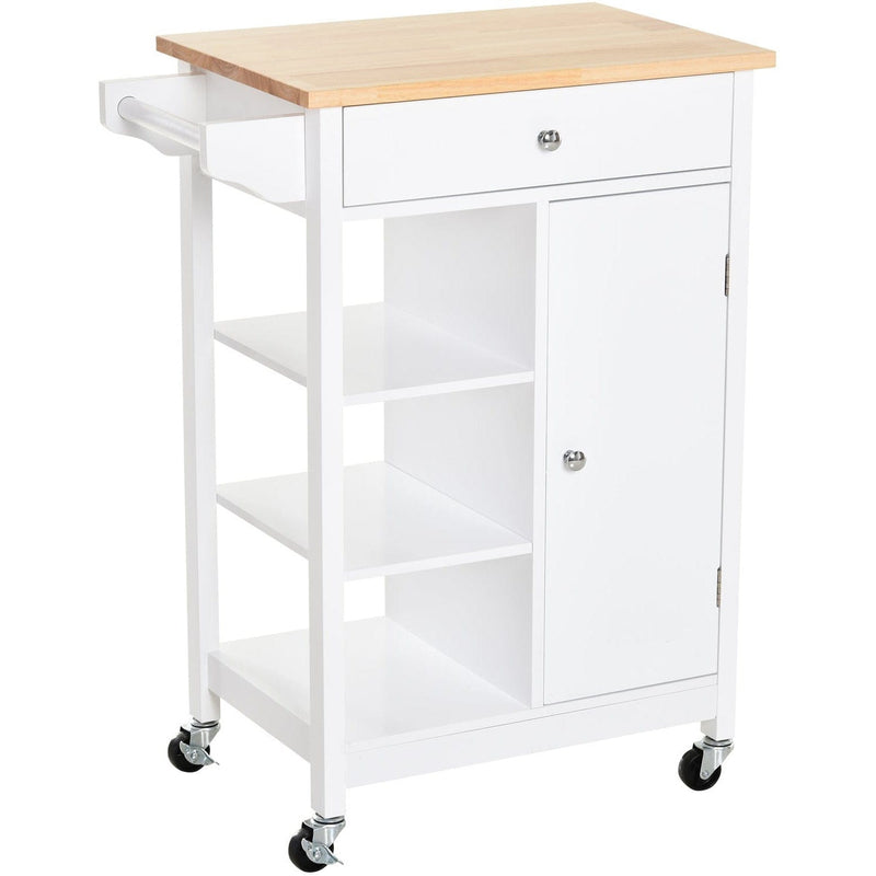 Mobile Kitchen Island, 3 Shelves, Drawer, White and Pine