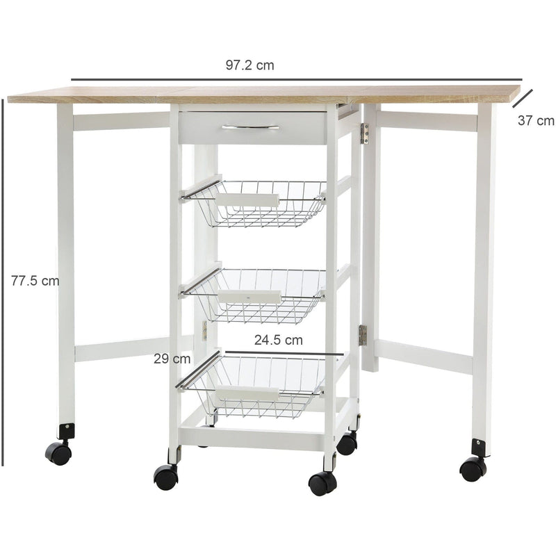 Kitchen Trolley on Wheels, Drop Leaf, 3 Baskets, White Oak