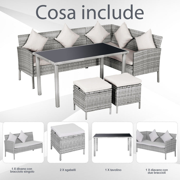 Stylish 6 Seat Garden Dining Set, Corner Sofa, Table & Stools