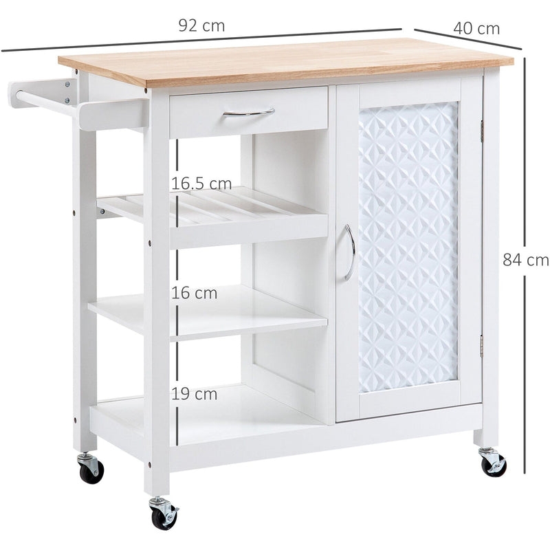 Kitchen Cart on Wheels, Embossed Door, Drawer, White