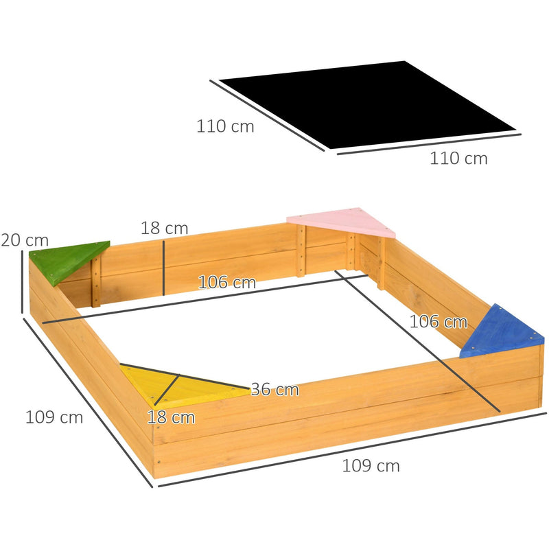 Square Wooden Sand Pit For Kids Age 3-8 Years Outsunny