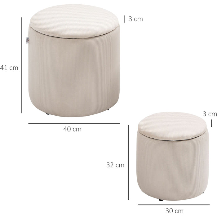 Set of 2 White Fabric Ottomans with Removable Lid