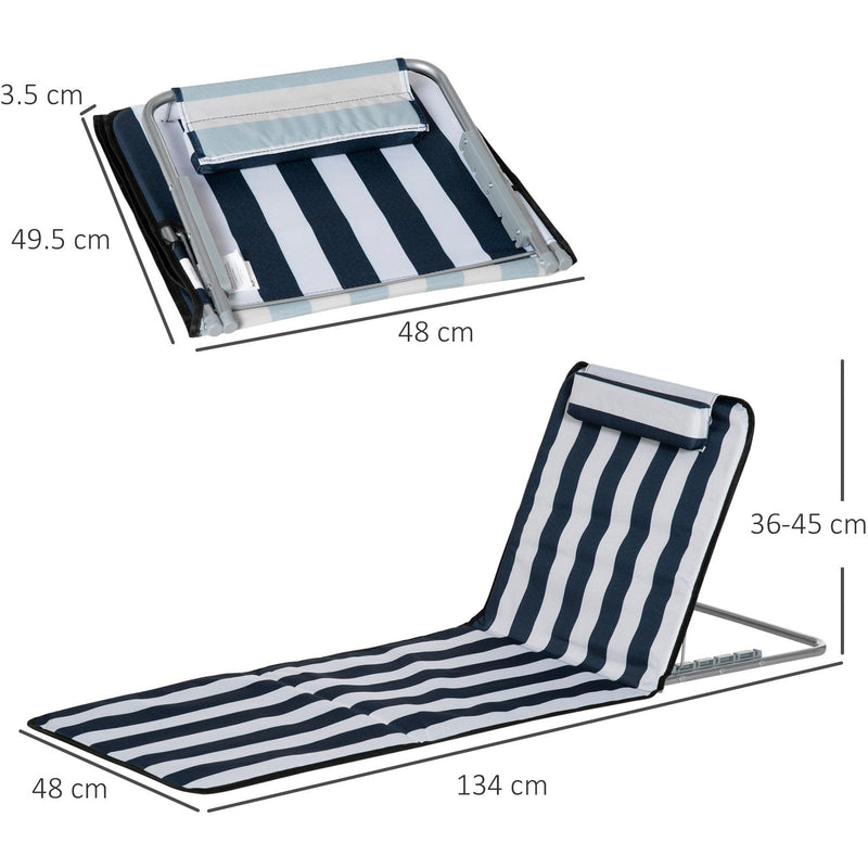 Outsunny Set of 2 Foldable Garden Beach Chair Mat Lightweight Outdoor Sun Lounger Seats Adjustable Back Metal Frame PE Fabric Head Pillow, Blue Outsunny