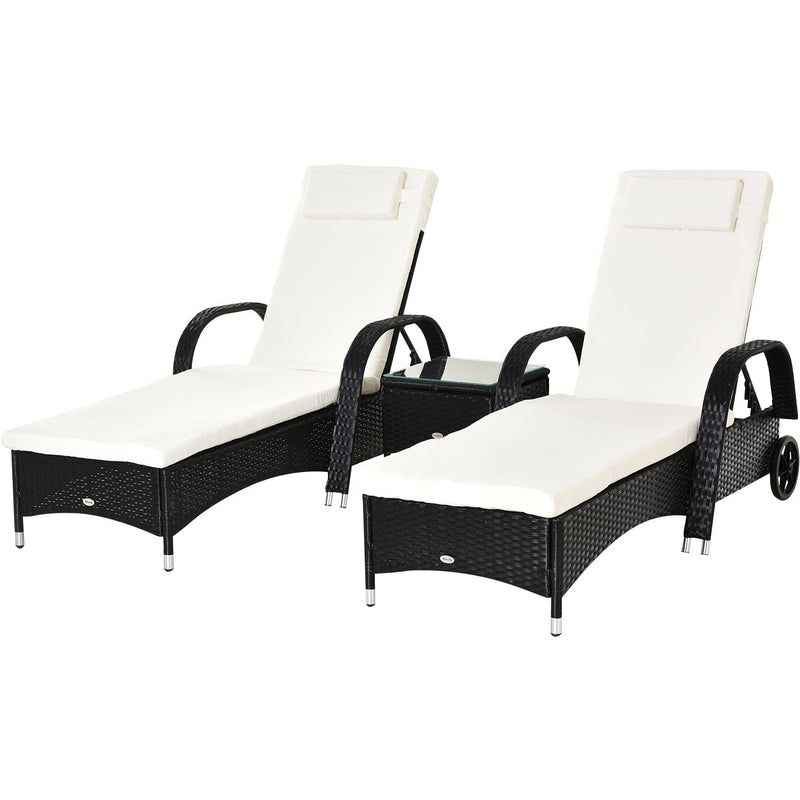 3pc Rattan Garden Lounge Set, Wheeled Loungers, Table