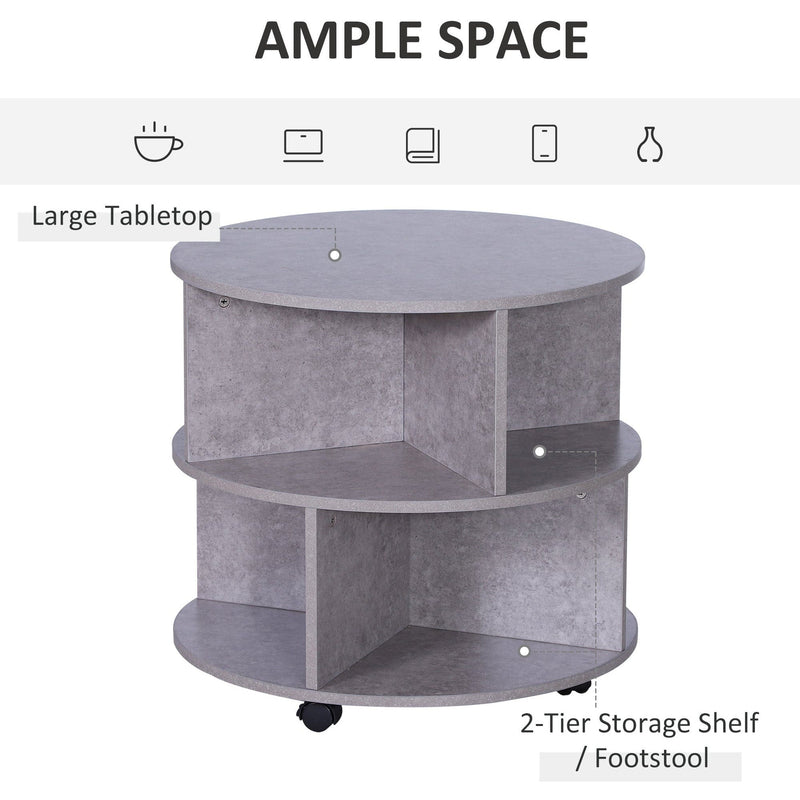 Round Side Table with Shelves and Wheels, Cement Colour