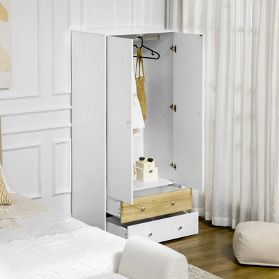 White 2-Door Wardrobe with Drawers & Hanging Rod Homcom