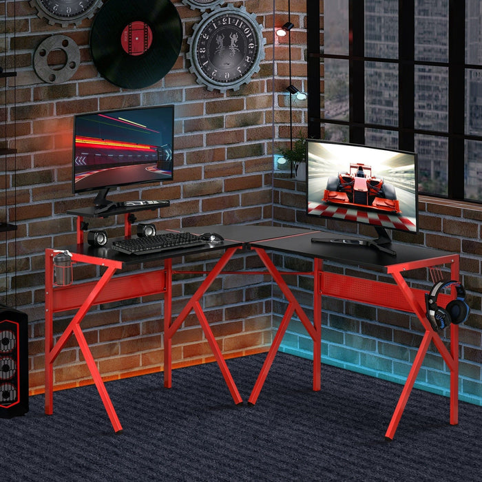 L Shaped Gaming Desk With Monitor Stand, Headset Hook, Red