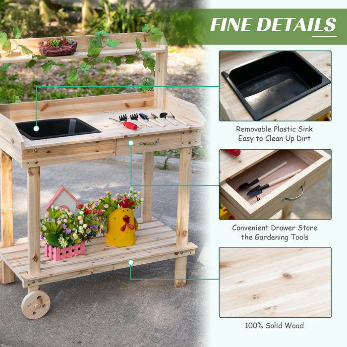 Wooden Potting Bench, Wheels, Sink, Drawer