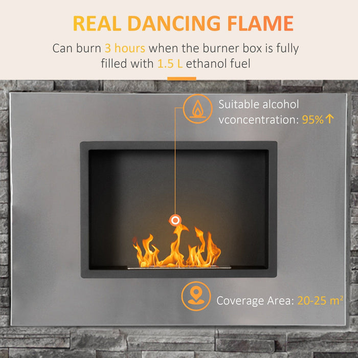 Wall Mounted Ethanol Fireplace, 1.5L Tank, 3H Burn, Silver