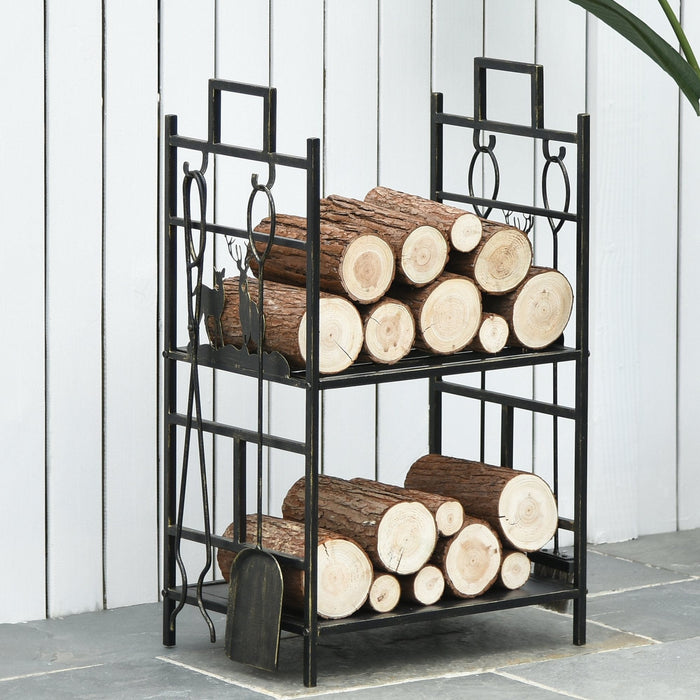 2-Layer Heavy Duty Firewood Rack with 4 Tools