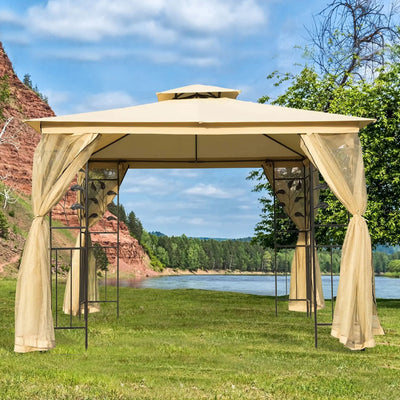 Metal Frame Garden Gazebo With Curtains,3x3m, Beige Outsunny