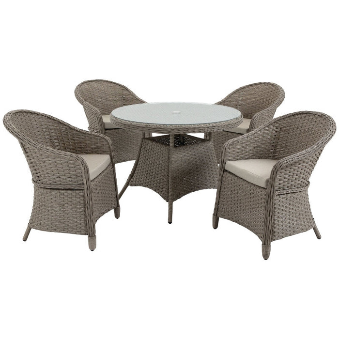 4 Seater Rattan Dining Set, 4 Chairs & Round Table - Grey