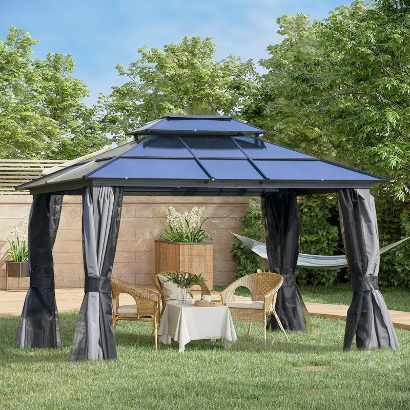 Contemporary Garden Gazebo With Hard Roof, Privacy Curtains, 3.6x3m