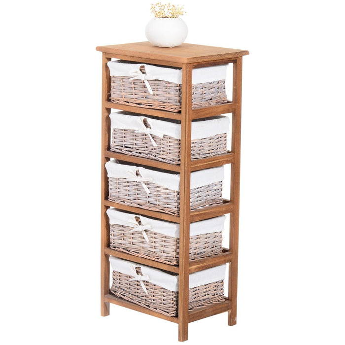 5 Drawer Wicker Basket Shelf, Wooden Frame, Bedroom/Office