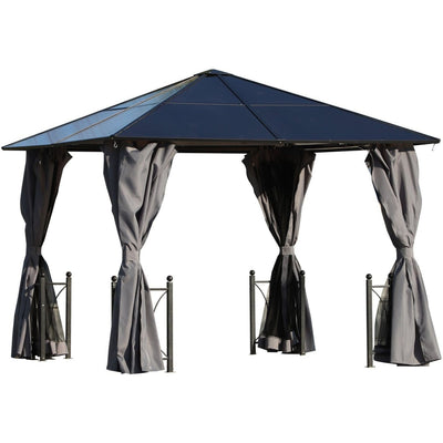 3x3m Polycarbonate Hard Roof Gazebo For Gardens, Steel Frame, Curtains, Mosquito Nets, Black Outsunny