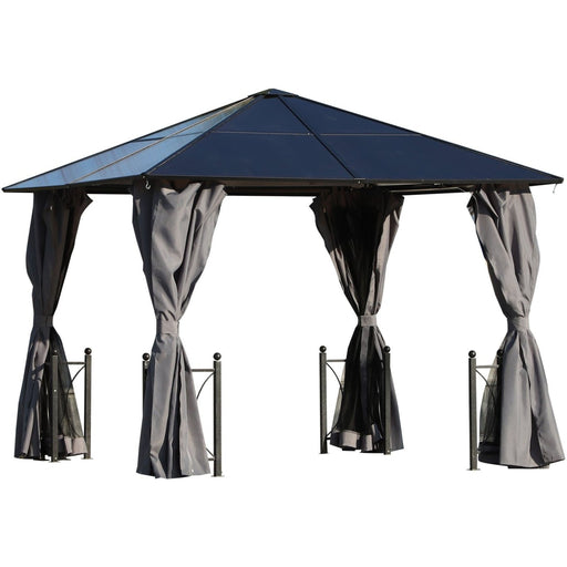 3x3m Polycarbonate Hard Roof Gazebo For Gardens, Steel Frame, Curtains, Mosquito Nets, Black Outsunny