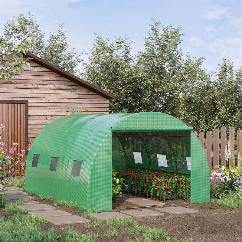 13x10ft Polytunnel Greenhouse, Roll Up Door, 6 Windows, Green