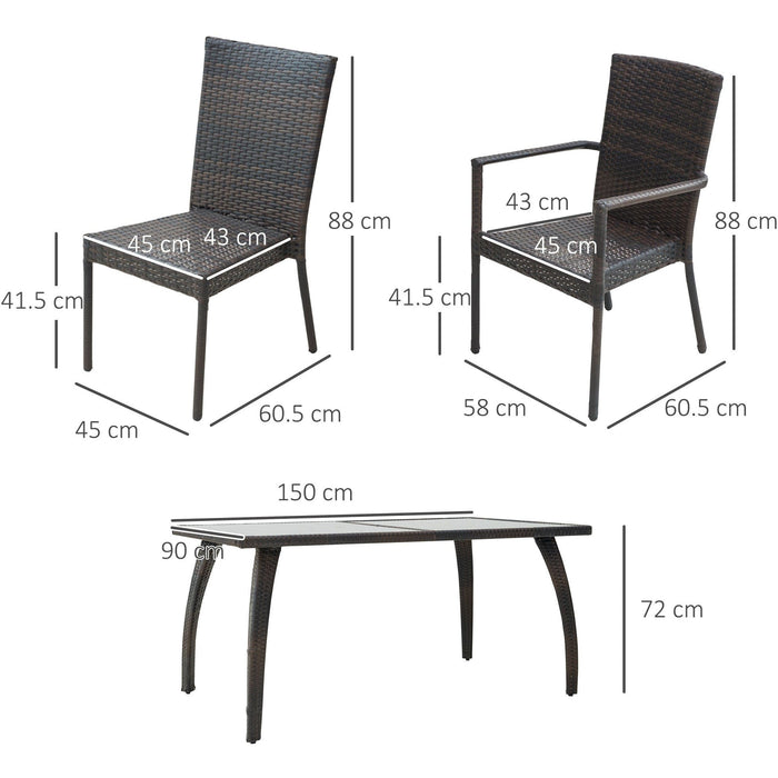 6 Seater Rattan Dining Set with Glass Table, Brown