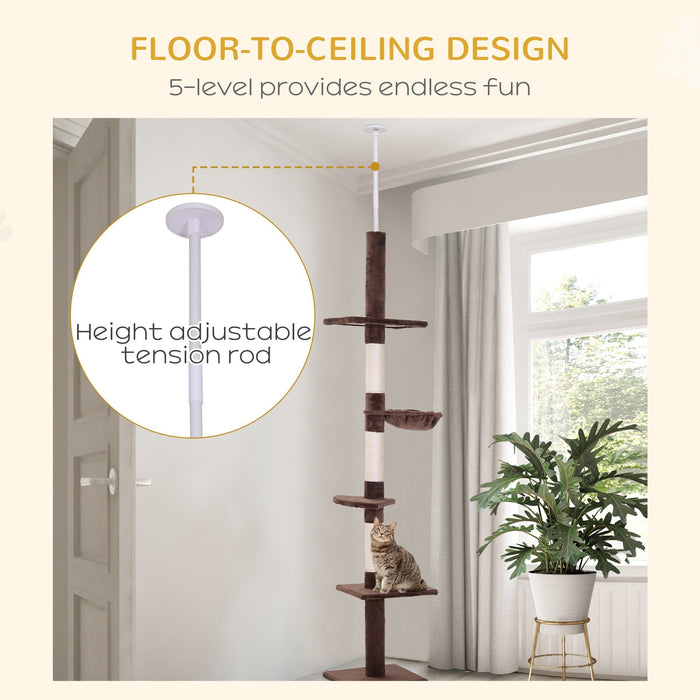 Brown Cat Tree: 5-Tier, Adjustable (230-260cm)