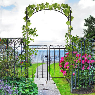 Metal Garden Arch with Gate, Climbing Plant Support, Black Outsunny