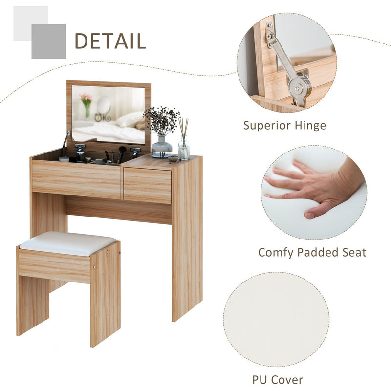 Dressing Table With Flip up Mirror and Cushioned Stool