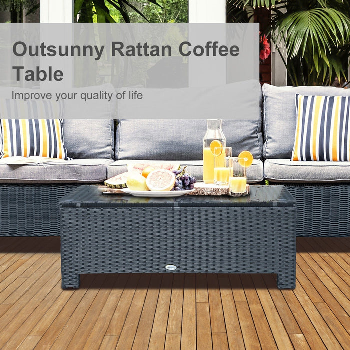 Rattan Coffee Table with Tempered Glass Top & Iron Frame