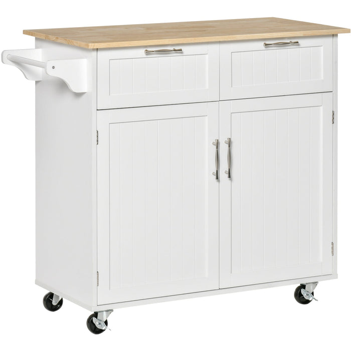 White Kitchen Island Cart with Rubberwood Top, 2 Drawers