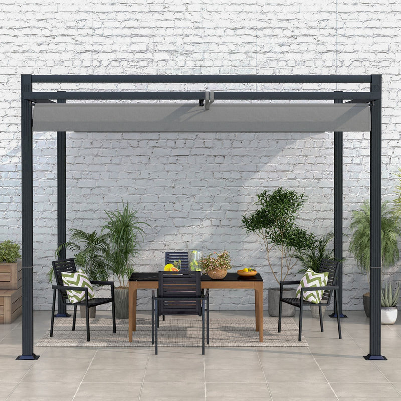 3m x 3m Metal Pergola With Retractable Roof, Grey