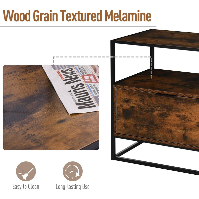 Industrial Style Side Table with Drawer, Shelf, Steel Frame Homcom