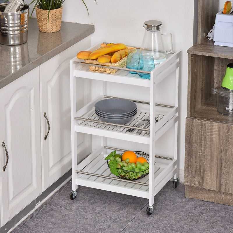 3-Tier Kitchen Storage Trolley, Steel Bars, 4 Wheels, White