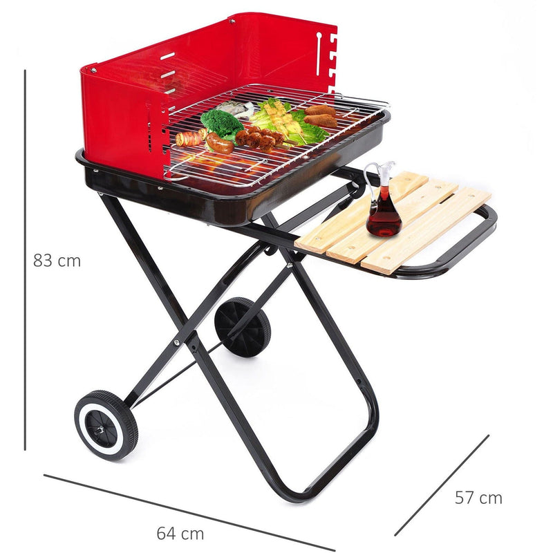 Foldable Charcoal Grill with Wheels - Red & Black