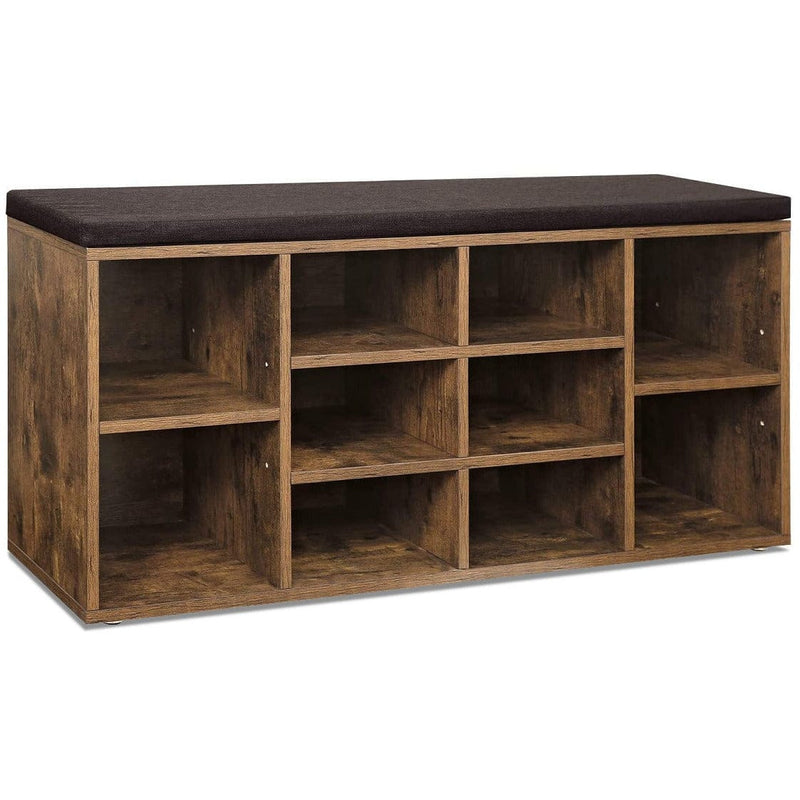 Industrial Entryway Shoe Storage Bench With Comfy Cushion by Vasagle - Features 10 Open slots for storing shoes and bags keeping your hallway tidy and clutter free
