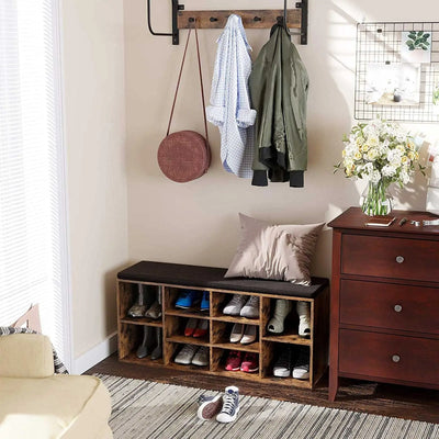 Industrial Entryway Shoe Storage Bench With Comfy Cushion by Vasagle - Features 10 Open slots for storing shoes and bags keeping your hallway tidy and clutter free