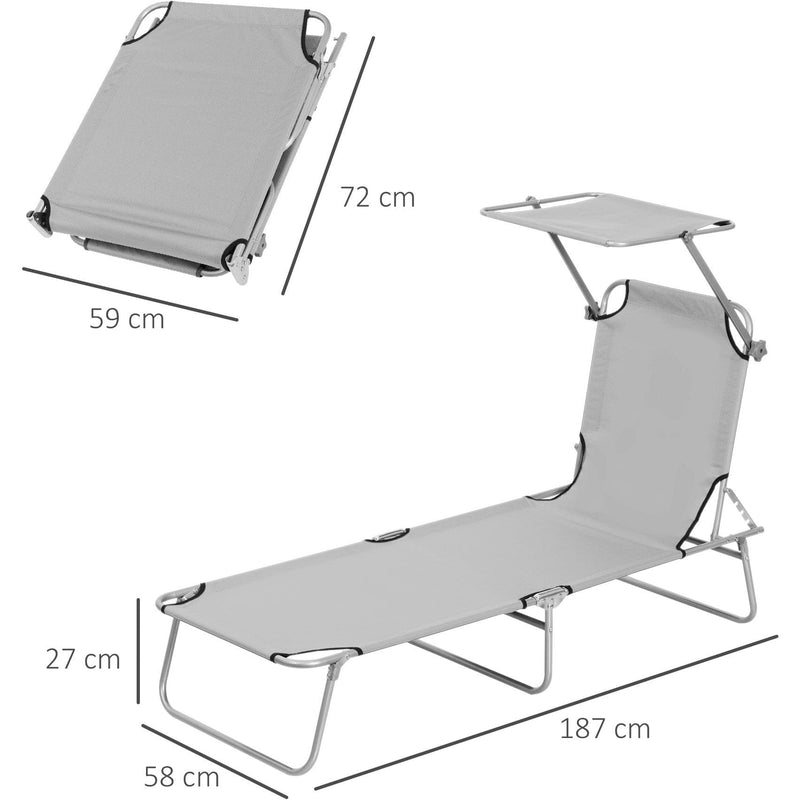 Outsunny Reclining Chair Folding Lounger Seat with Sun Shade Awning Beach Garden Outdoor Patio Recliner Adjustable, Light Grey Outsunny