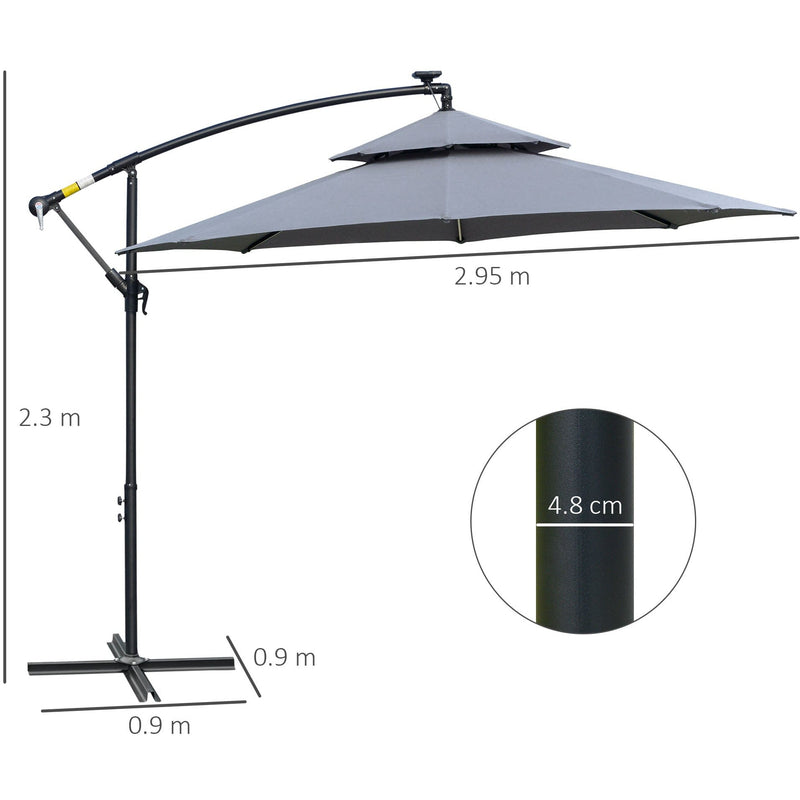 Outsunny 3(m) Cantilever Banana Parasol Hanging Umbrella with Double Roof, LED Solar lights, Crank, 8 Sturdy Ribs and Cross Base for Outdoor, Garden Outsunny