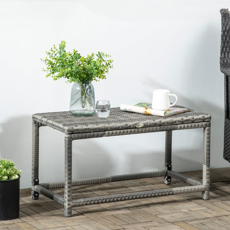 Outsunny Outdoor Coffee Table, Garden PE Rattan Side Table with Plastic Board Under the Full Woven Table Top and X-Shape Support for Patio Mixed Grey Outsunny